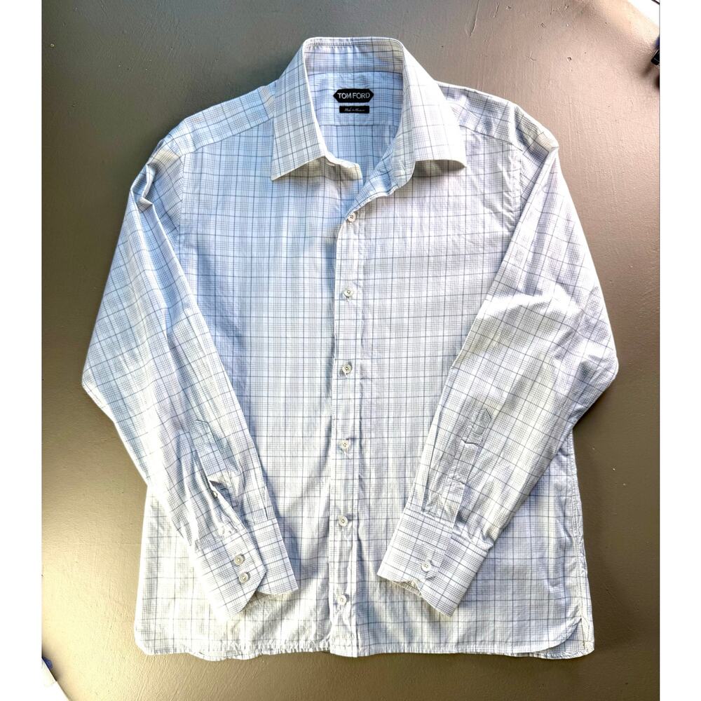 Tom Ford Made in Italy Windowpane Plaid Dress Shirt 43 17 Luxury Designer